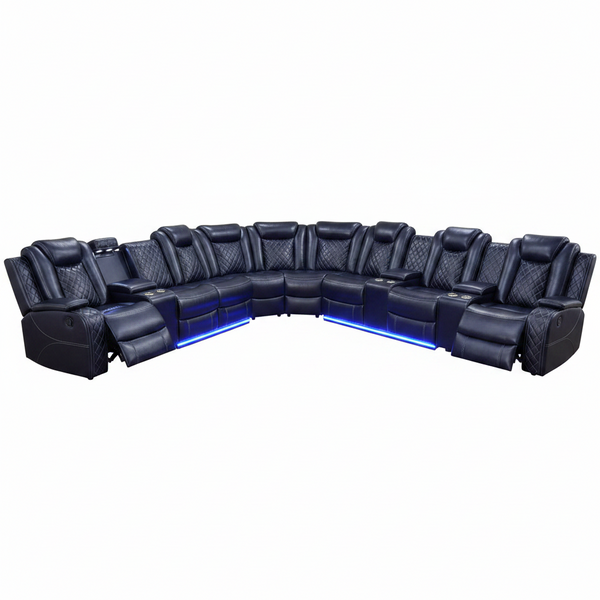 Power Recliner Sectional Sofa Set, Black Leather Sectional Couch and Loveseat for Living Room, L Shape Reclining Sofa with Cup Holder, Hidden Storage, Coffee Table for House(8 Seat)