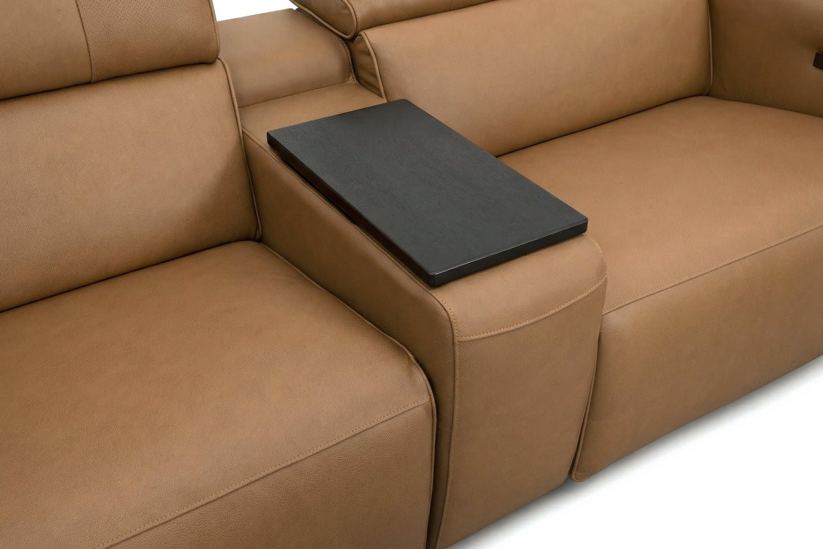 Rally Pro Caramel 6-Piece Power Reclining Sectional in caramel leather with a center console and black swivel table