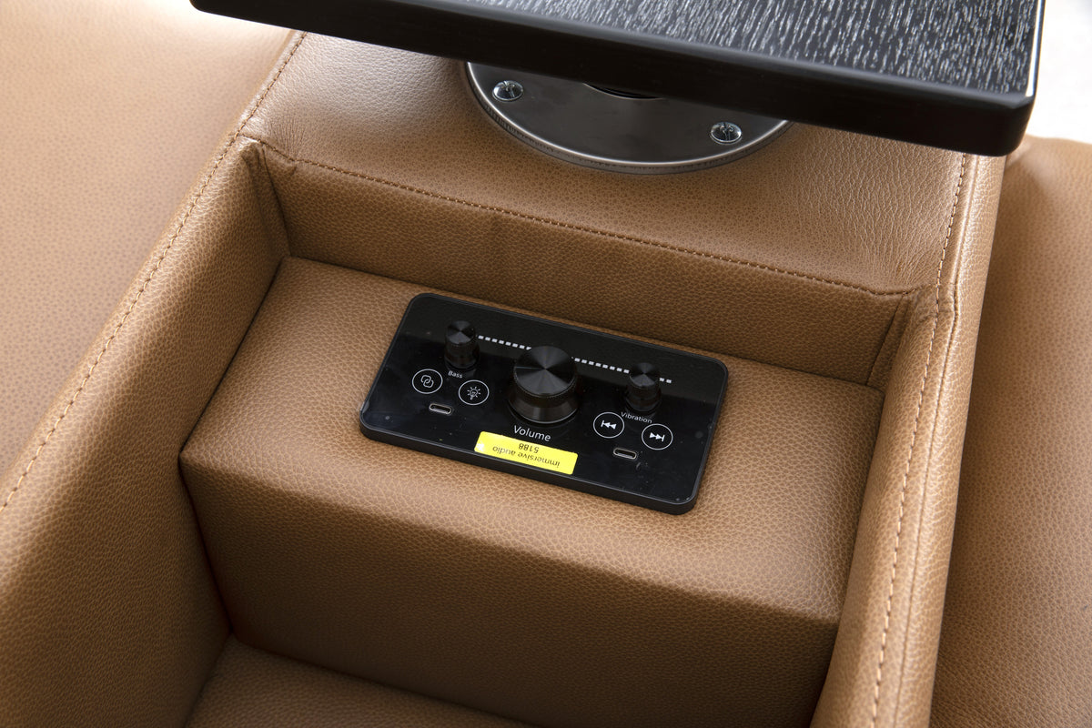 Rally Pro Caramel 6-Piece Power Reclining Sectional console with caramel leather upholstery and built-in audio controls