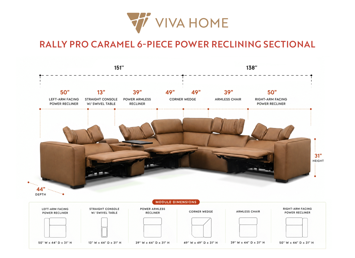 Rally Pro Caramel 6-Piece Power Reclining Sectional in caramel upholstery, arranged in a wide modular L shape with recliners and console