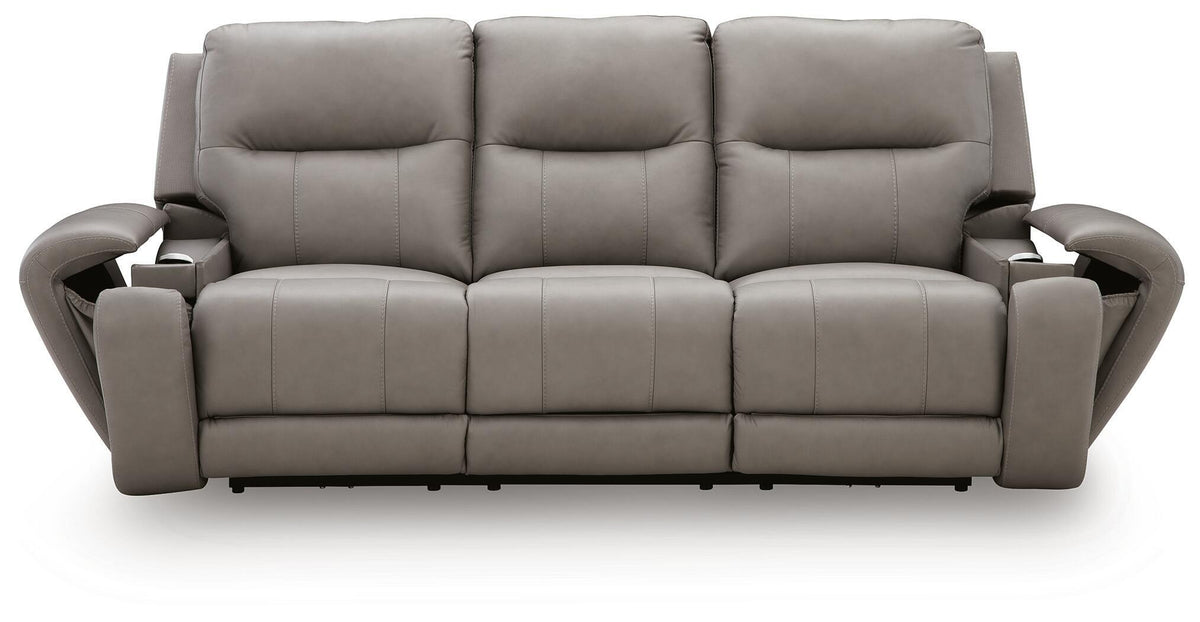 Real Moments power reclining sofa in ash gray leather with three plush seats, padded arms and upright backs