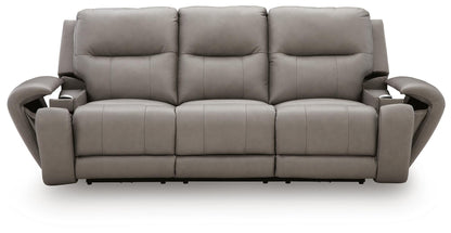 Real Moments power reclining sofa in ash gray leather with three plush seats, padded arms and upright backs