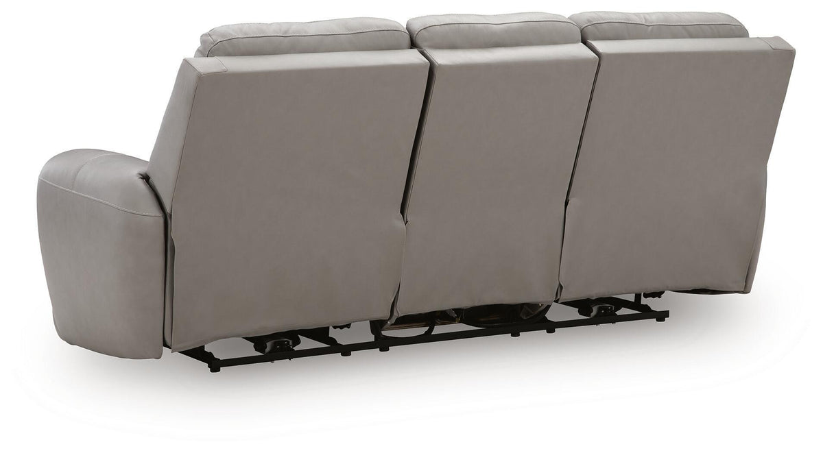 Real Moments power reclining sofa in ash grey leather, with three padded backrests, adjustable headrests and reclining footrests