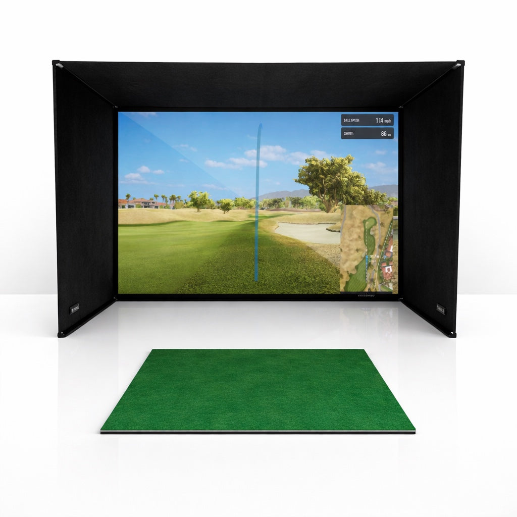 SimBox Golf Simulator Enclosure with black fabric side panels, a golf course impact screen and green hitting mat