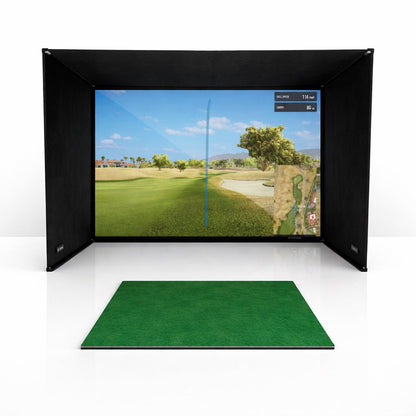 SimBox Golf Simulator Enclosure with black fabric side panels, a golf course impact screen and green hitting mat