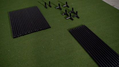 SimBox Golf Simulator Enclosure components with black ribbed frame bars and connector fittings