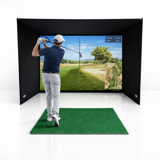 SimBox Golf Simulator Enclosure with black fabric walls, a golf course impact screen, and green hitting mat