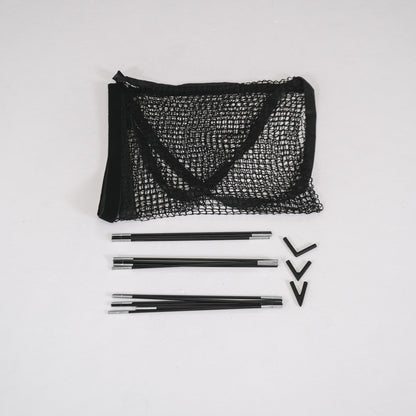 SimBox Golf Simulator Enclosure with black mesh side netting, silver metal support poles and black corner connectors