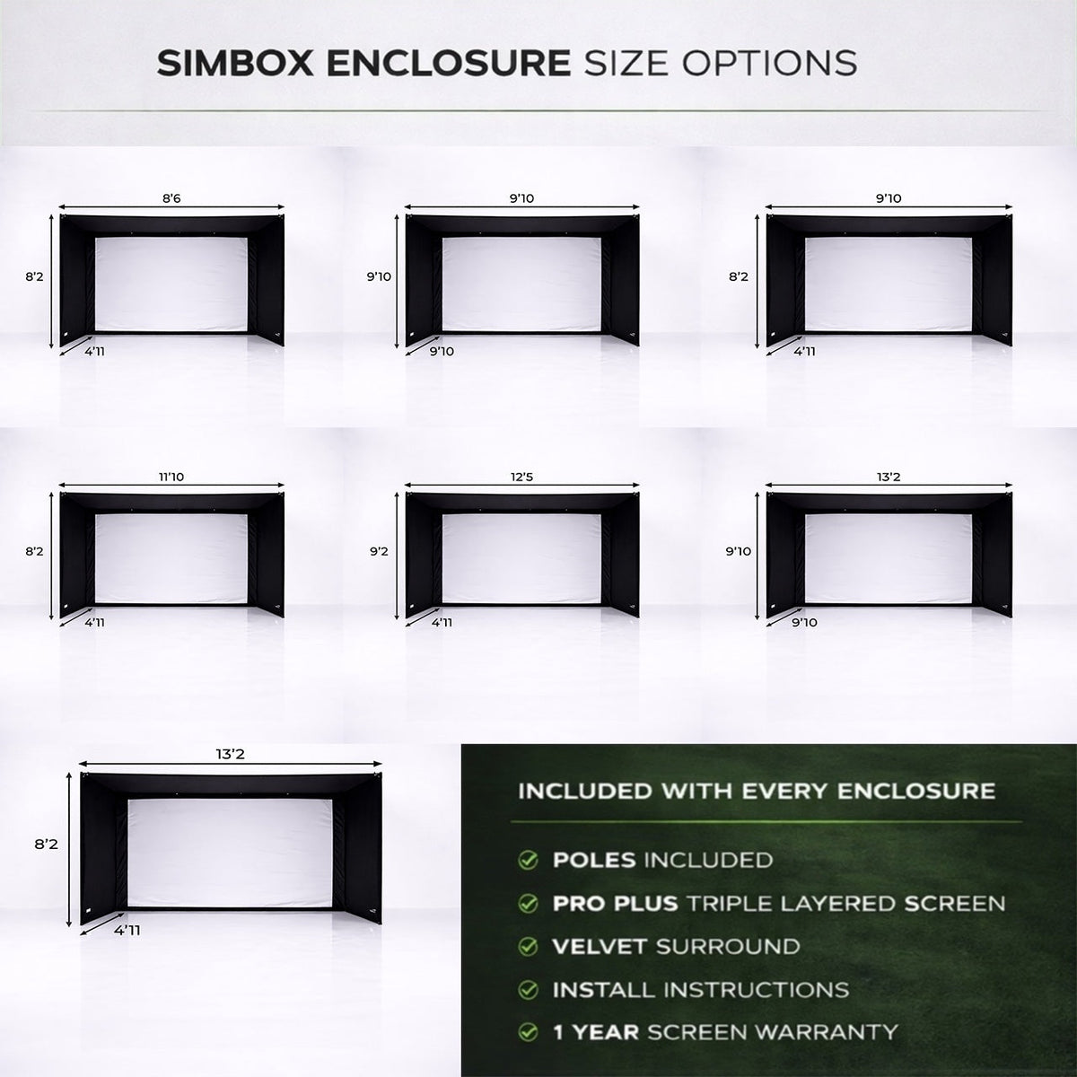SimBox Golf Simulator Enclosure size chart showing seven black framed hitting enclosures with white screens and dimensions