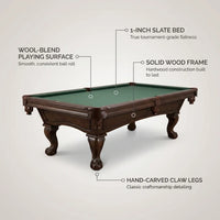 Pool Table Built for Championship Play, 1-Inch Slate Bed, Solid Wood Frame, Wool Blend Surface — infographic