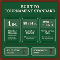 Pool Table Built for Championship Play, 1-Inch Slate Bed, Solid Wood Frame, Wool Blend Surface — Results & Stats